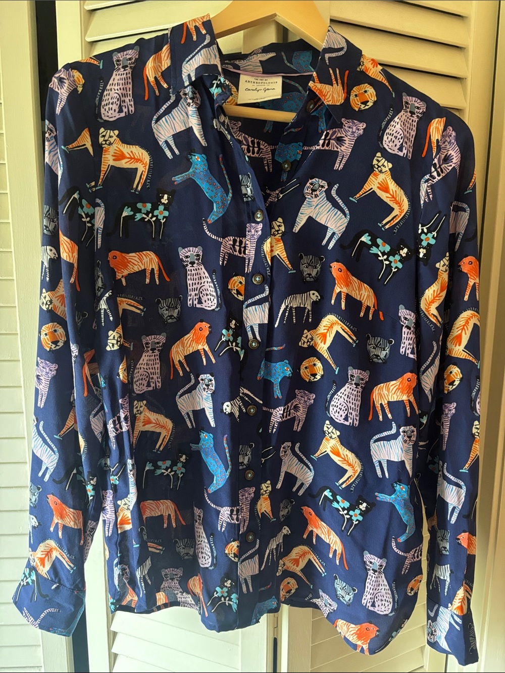 Anthropologie Navy Button-Down Shirt with Multicolor Animal Print